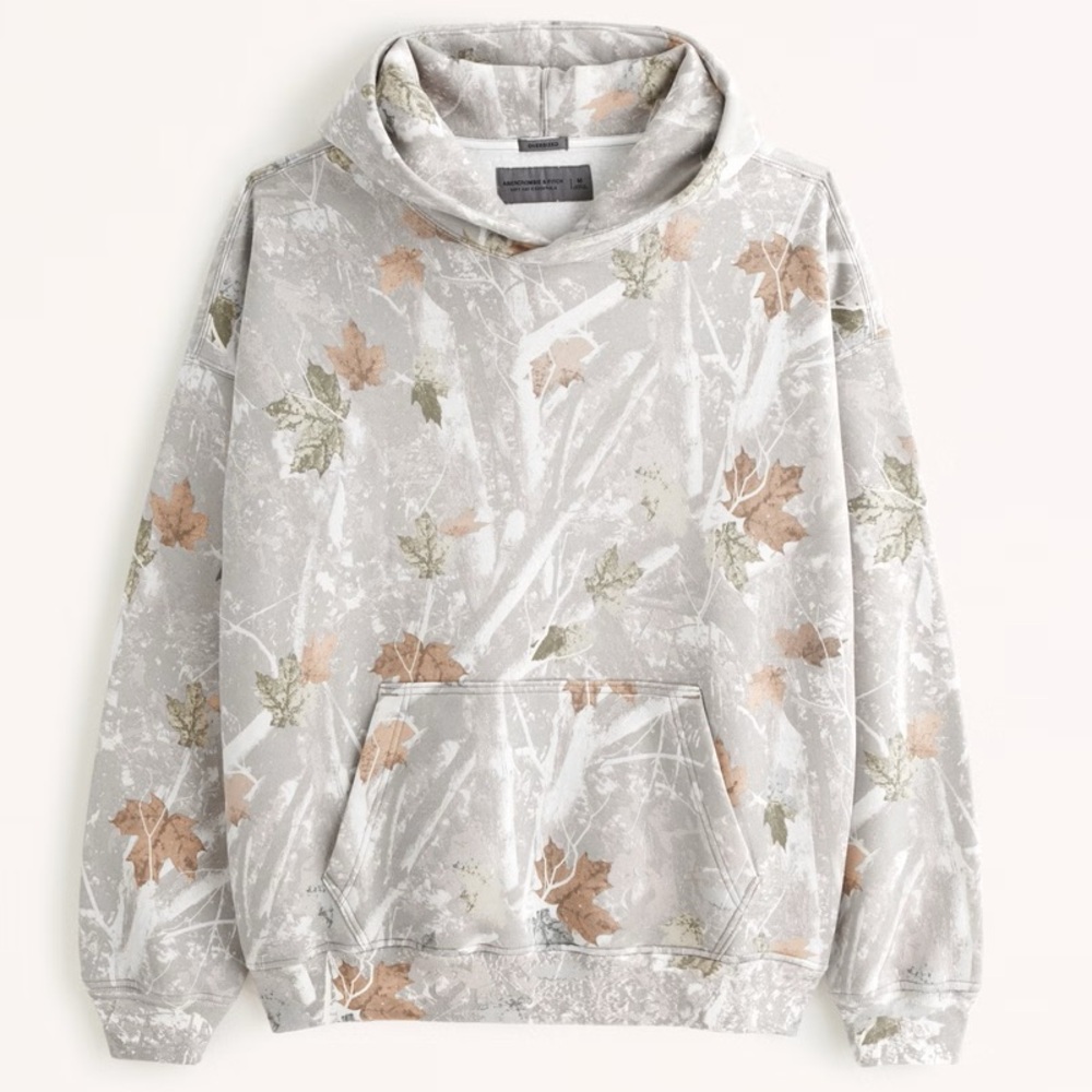 Abercrombie Essential Popover Hoodie Off White Camo XS Cozy Streetwear NWT